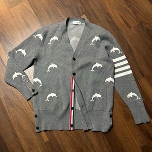 THOM BROWNE New York Sz 2XL Dolphin 4-Bar V-neck Cardigan Button Up Heavy Cotton